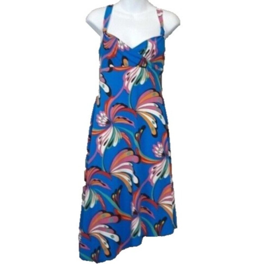 BCBGMAXAZRIA Sleeveless Midi Dress Medium Blue Tropical Floral Asymmetrical